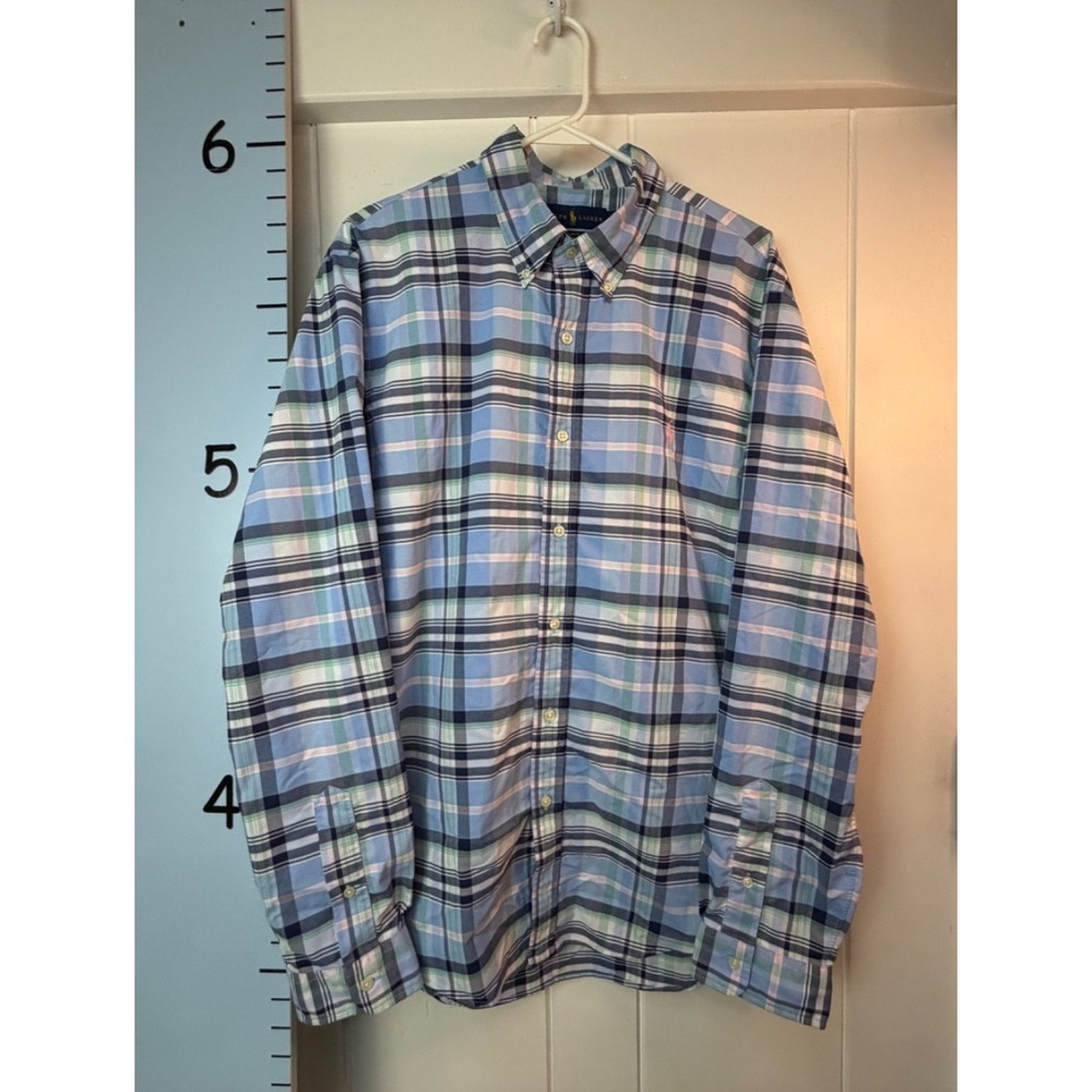 Ralph Lauren Button-Down Shirt Slim Fit Performance Blue Plaid Men's XL